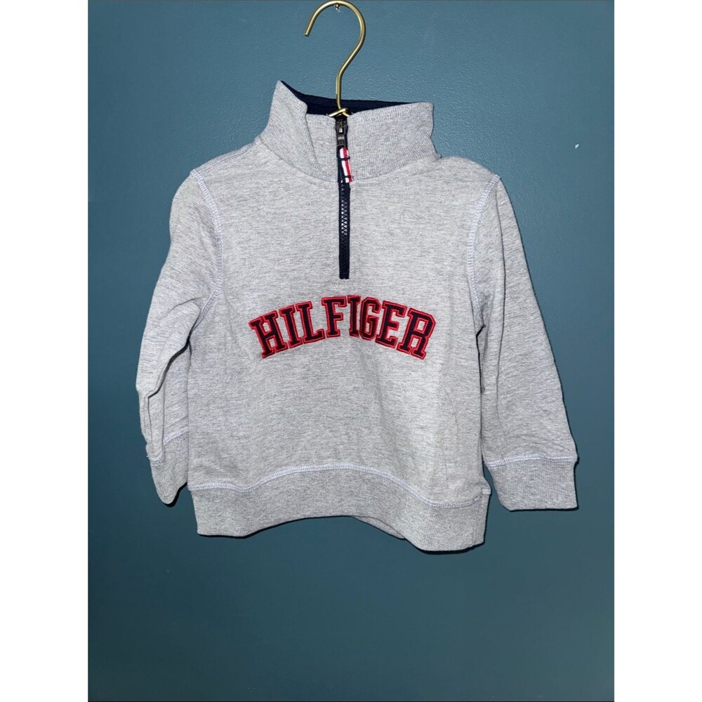 Tommy Hilfiger Light Gray Quarter-Zip Sweatshirt with Red Logo Patch